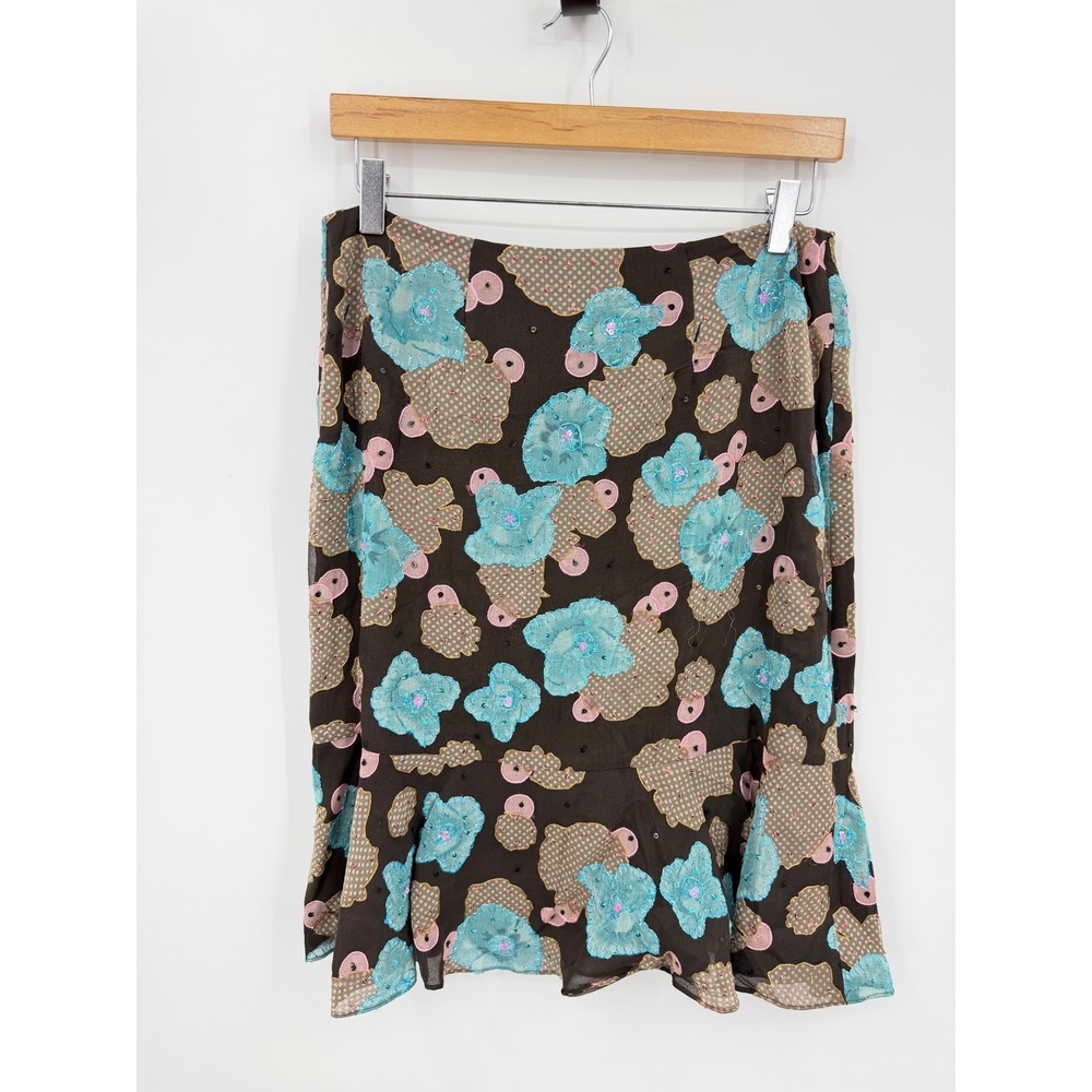 Kay Unger Floral Applique Silk Skirt Womens 8 Brown Turquoise Sequin Flounce